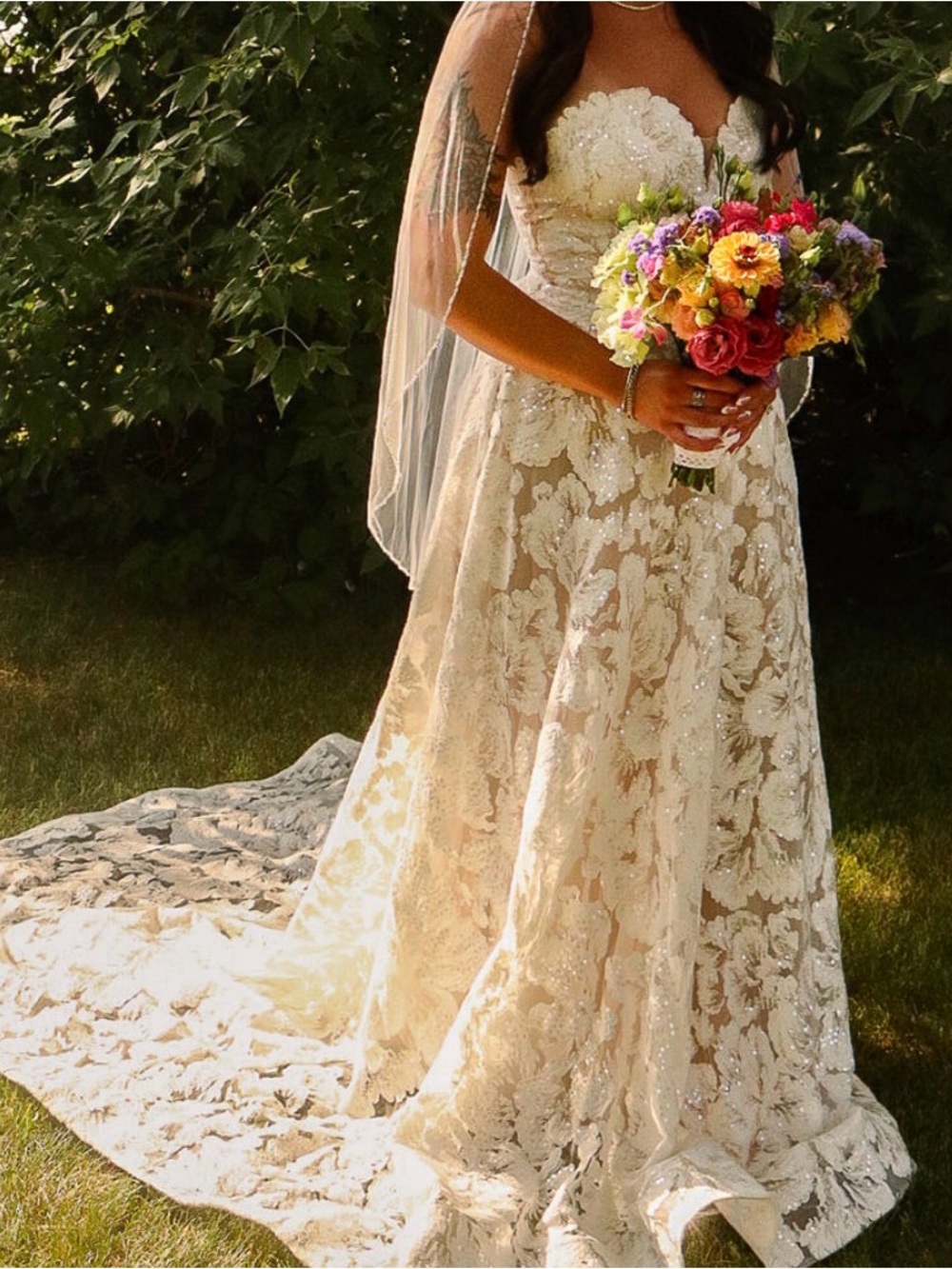 Strapless Floral Lace Wedding Gown in Ivory
